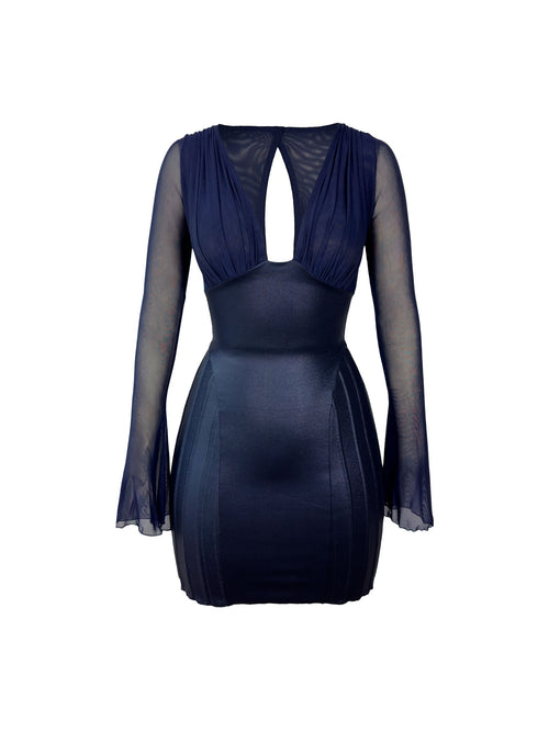 Deep V neck draped bodice mini dress